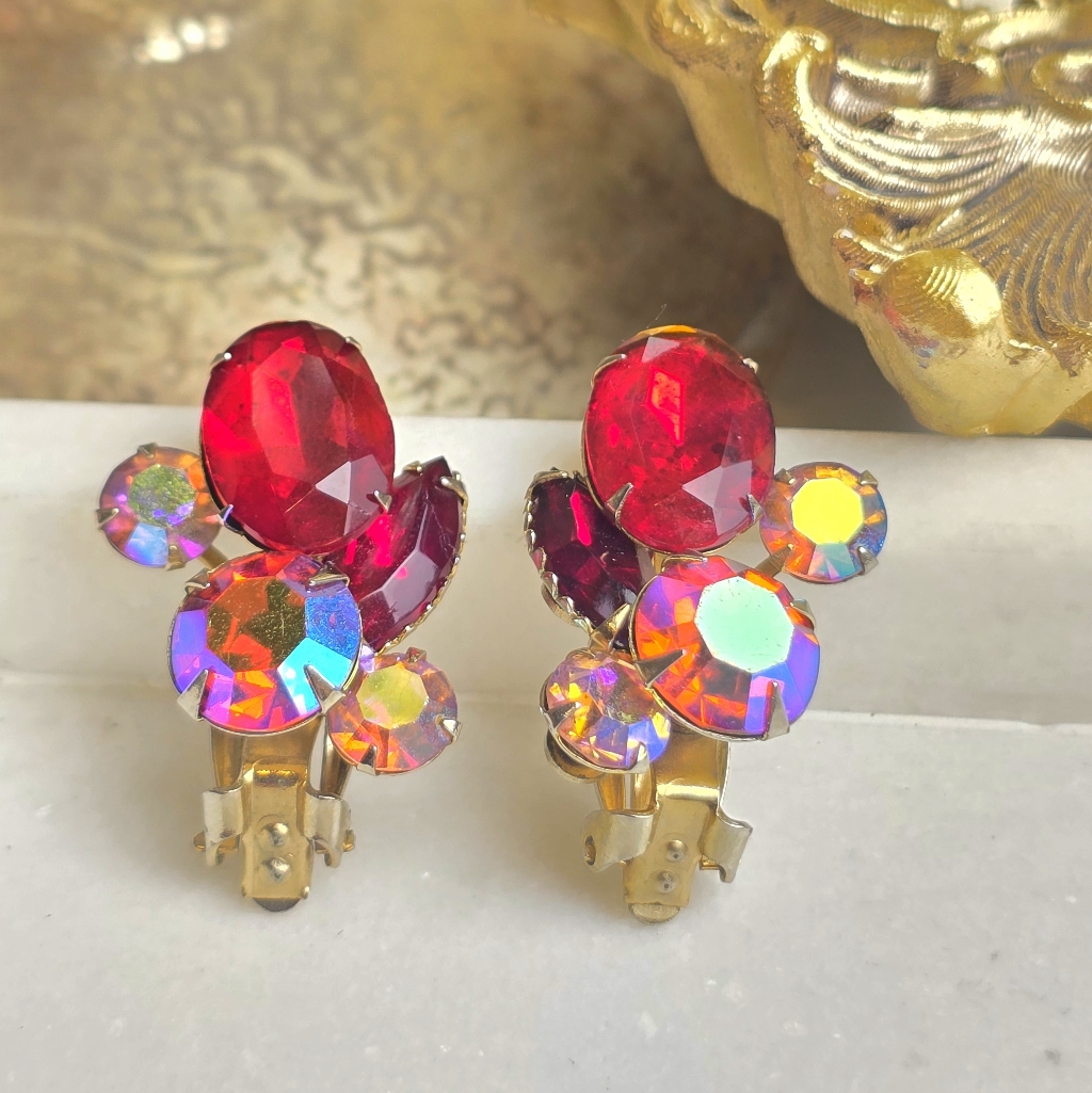 Celebrity Signed Vintage Red Rhinestones And Ab Pink Clip On Earrings.